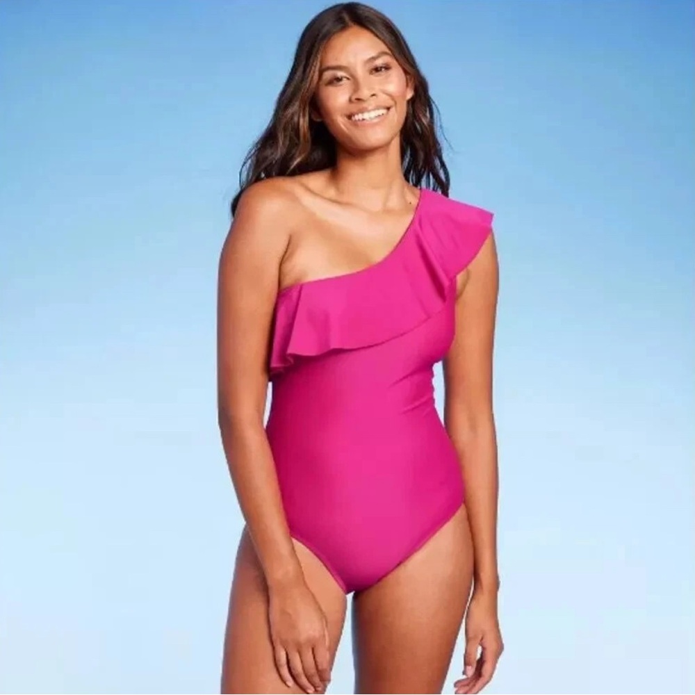 Kona Sol Pink One-Shoulder Ruffle One Piece